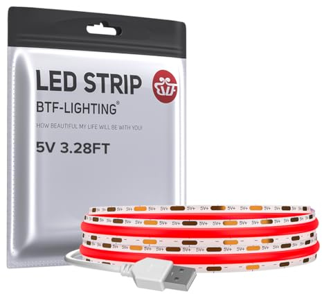 BTF-LIGHTING USB FCOB COB Rot LED Streifen 1M 320 LEDs Hochdicht 5V | Flexible LED Leiste CRI90+ für Wohnzimmer TV Hintergrundbeleuchtung, Schrank, Küche, Gaming PC, DIY Deko(Ohne Dimmer)