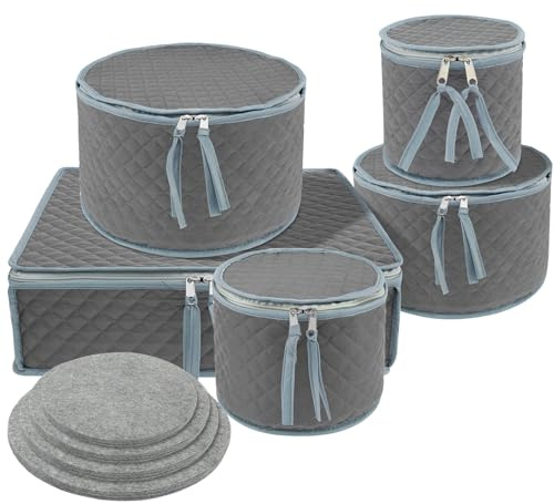 Caffney 5Pcs Dinner Plate Storage Box with Lid,China Storage Cases with 48 Felt Inners,Portable Oxford Cloth Quilted Dish Container for Plates Cups Glassware Storages and Transport