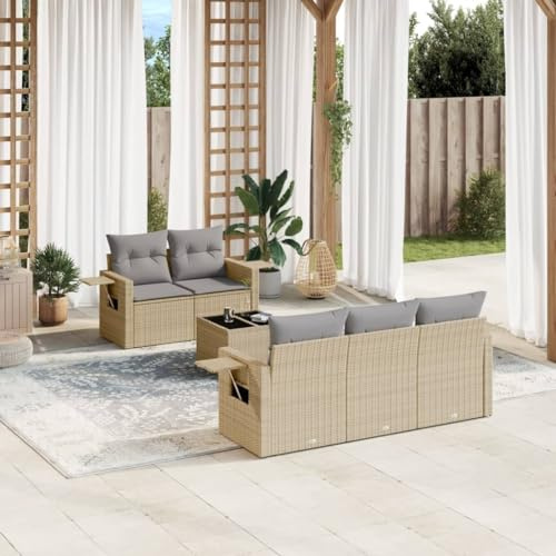 Frdhee Gartensitzgruppe Lounge Set Loungemöbel,6 TLG. Garten Sofagarnitur mit Kissen Beige Poly Rattan,Balkonmöbel Sitzgruppe Für Balkon,Garten,Outdoor Lounge,Modernes Design