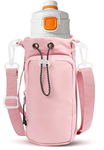 Hittriu Water Bottle Bag Holder 30-35oz, Drinks Bottle Carrier Bag with Phone Pocket & Shoulder Strap & Handle, Crossbody & Shoulder Water Bottle Sleeve Bag for Hike Bike (Pink)