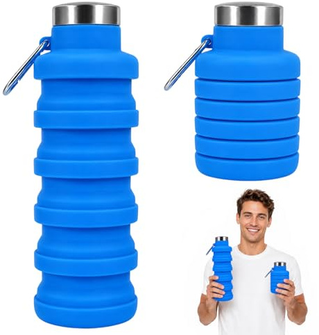 GYTFOG Collapsible Water Bottle, Blue Twist-Lid Foldable Portable Bottle | Silicone Construction, Leak-Resistant Design, Carabiner Attachment, Multi-Temperature Use, Space-Saving Storage