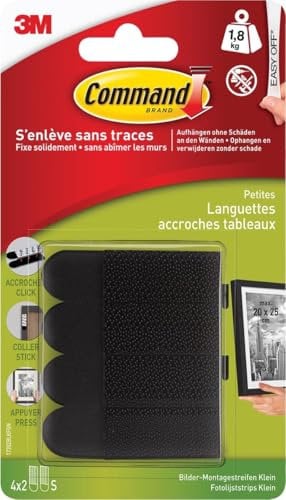 Command Languettes Accroches Tableaux, Petit Modèle, 4 x 2 Languettes, 1,8 kg, Noir - Sans Outils - Fixation sans Dommage