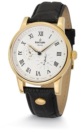 Kronsegler Epilog Automatik - mechanische Herrenuhr vergoldet weiß mit Lederband | 40 mm Durchmesser, 11 mm flach - dezentraler Sekundenzeiger