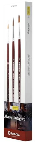 ESCODA Set 3 pinceaux Aquarelle - N.8,10,12 Ronds Pointus Fibre Synthétique Set 1 Alvaro Castagnet Series Prado Brosses Professionnelles Faits à la Main à Barcelone.
