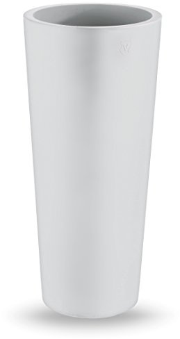 Jarrón redondo, moderno, liso, de 38 cm de diámetro y 85 cm de alto realizado en resina, maceta, color blanco