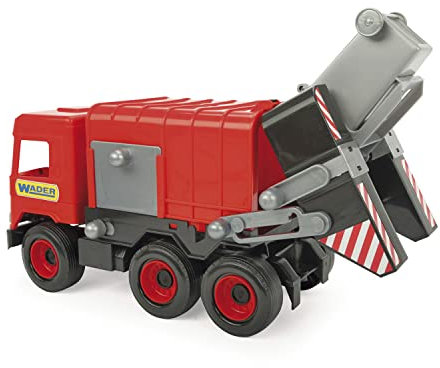 Wader Middle Truck roter Müllwagen im Karton, realistisches Müllauto, bewegliche Seitenklappe und Lift, inkl. Mülltonne, L = 43 cm, robuste Konstruktion, ab 1 Jahr