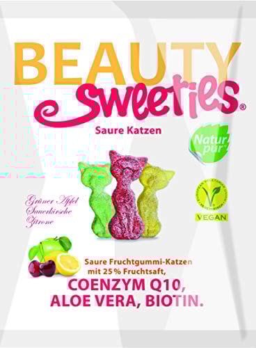 BeautySweeties Saure Katzen 125 g | Fruchtig-saure & vegane Fruchtgummi-Katzen mit 25% Fruchtsaft | Mit Coenzym Q1, Aloe Vera und Biotin | 1 x 125 g Beutel