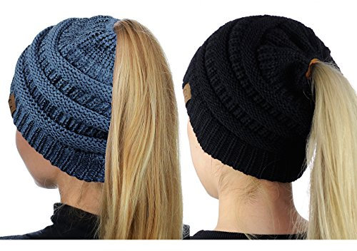 C.C BeanieTail Beanie-Mütze, weich, Stretch, Zopfmuster, unordentlich, hoher Dutt, Pferdeschwanz, 2 Stück, Schwarz/Dark Denim Metallic, Einheitsgröße
