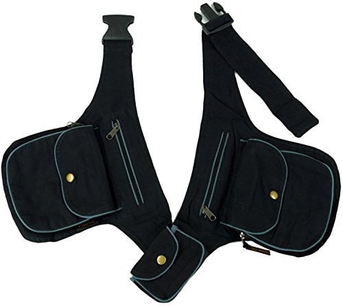 GURU SHOP Stoff Sidebag, Doppelte Gürteltasche, Goa Gürteltasche - Schwarz, Unisex - Erwachsene, Baumwolle, 20x18x5 cm
