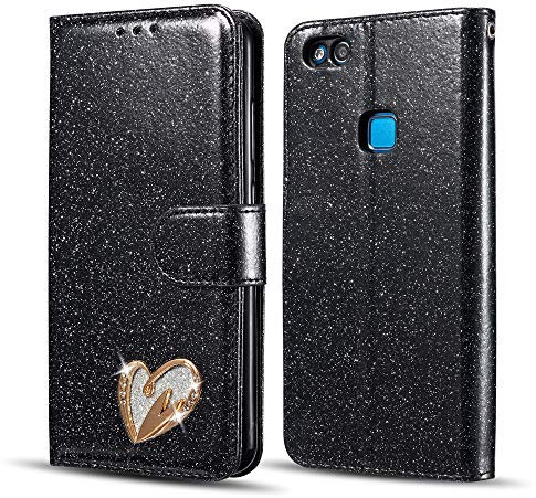 QLTYPRI Hülle für Huawei P20 lite, Glitzer PU Leder Handyhülle Kartenfach Standfunktion Handschlaufe mit Eingelegten Herz Diamond Flip Schutzhülle Kompatibel mit Huawei P20 lite - Schwarz