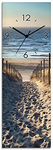 ARTLAND Wanddeko Wanduhr ohne Tickgeräusche Glas Funkuhr 20x60 cm Rechteckig Lautlos Strand Meer Düne Nordsee Urlaub Natur Maritim T9IP