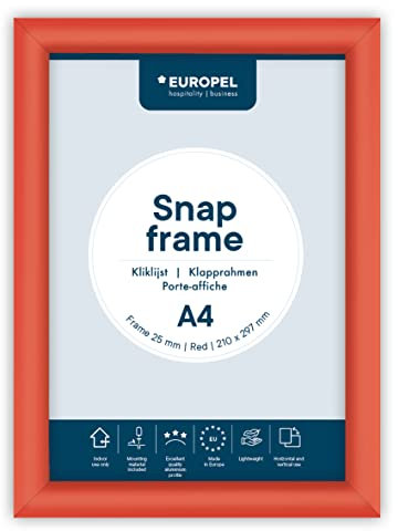 EUROPEL Klapprahmen A4 mit 25 mm Aluminium-Profil - aufklappbarer Plakatrahmen mit Gehrungsecke - Schnapprahmen für u.a. Poster, Zertifikate, Fotos & Werbemittel - Rot 355026