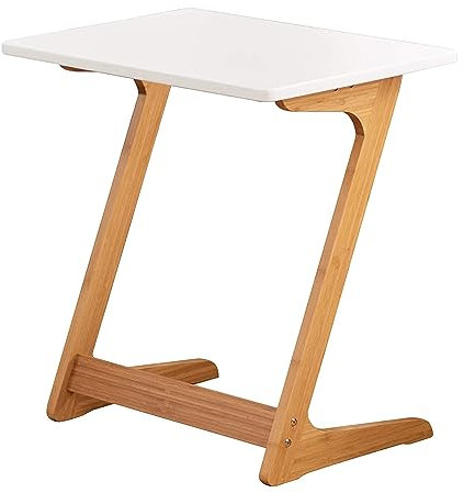 Zoopolyn TV-Tablett, Bambus, TV-Esstisch, Z-förmiger Beistelltisch für Sofa, Couch, Laptop, Wohnzimmer, Schlafzimmer, Weiß