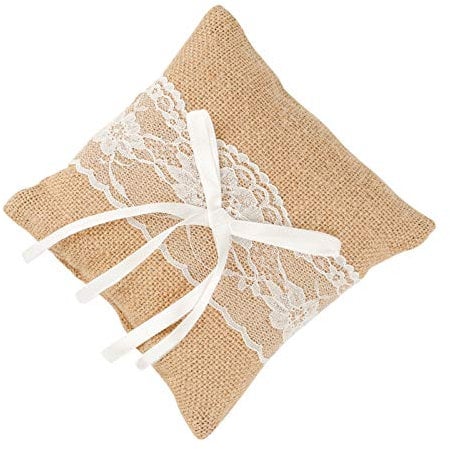 Jubaopen 1 Stück Ringkissen Jute Hochzeit Ringkissen Spitze Blumen Vintage Kissen Sackleinen Ehering Kissen Eheringe Brautkissen (15 * 15 * 6cm)