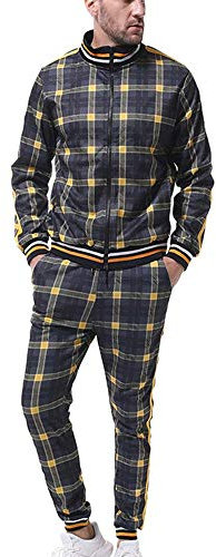 Oneforus Zweiteiliger Satz Basketball-Trainingsanzüge für Männer Sportswear Plaid Bedruckter Sweatshirt-Anzug mit Reißverschluss Gerippte Manschette und Saum