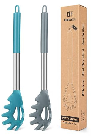 Juego de 2 Tenedores Grandes de Pasta de Silicona, Cuchara para Fideos, Servidor de Espaguetis, Multifuncional Utensilios de Cocina(Gris-Azul)