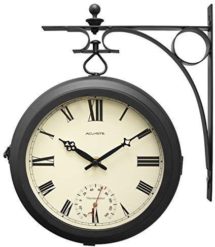 AcuRite Double-Sided Clock with Thermometer for Patio, Metal, Black