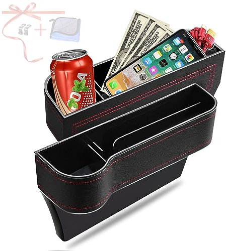 jiaji Multifunctional Car Seat Organizer, 2 Pack Auto Console Side Storage Box with Cup Holders 2 Seat Hooks for Drink, Car Organizer Front Seat for Holding Phone, Sunglasses