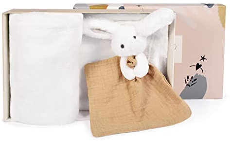 Doudou et Compagnie - Babydecke – Kuscheltier Kaninchen – Happy Wild – Weiß – 100 x 70 cm – Happy Kuscheltier – DC3978