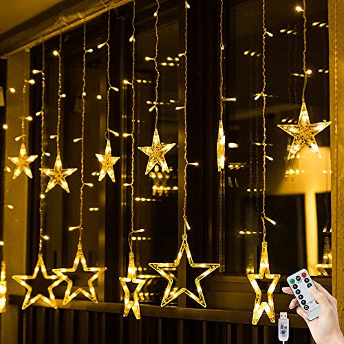 BLOOMWIN 12er Sterne Lichtervorhang 2mx1m Weihnachtsbeleuchtung Fenster Innen Lichterkette Fenster mit Timer USB Warmweiß LED Sternevorhang Kurz Weihnachtsdeko