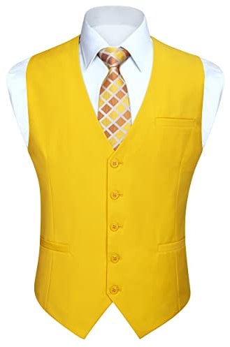 HISDERN Herren Anzugweste Formale Hochzeit Party Baumwolle Anzug Weste Einfarbig,Gelb,XL(Brustumfang 48 inch)