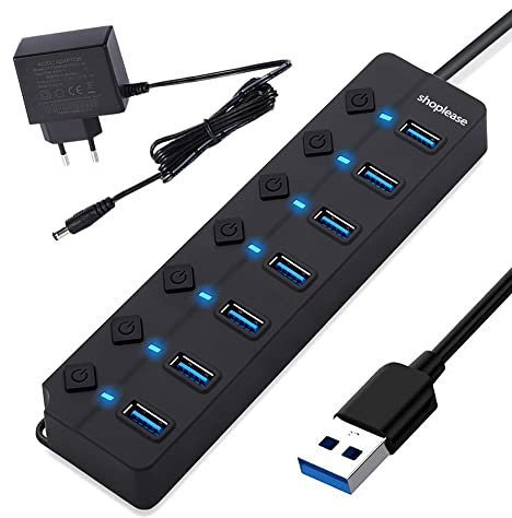 Séparateur USB 3.0 avec Adaptateur 5V/2A, Extension USB à 7 Ports avec Interrupteur Marche/arrêt Individuel, hub de données d'extension Portable