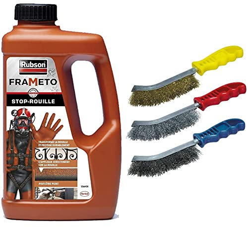 Rubson Frameto Stop-Rouille, Traitement antirouille pour intérieur et extérieur, noir, 1 L & wolfcraft 2138000 Jeu de brosses Métalliques - Longueur 125 mm x Largeur 30 mm - 3 pièces