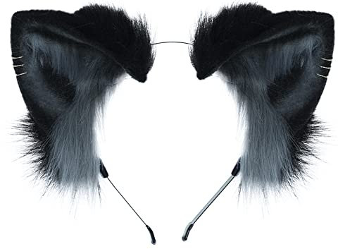 Dodheah Katzenohren Haarreif Fuchs Wolf ohren Stirnband Haarnadel Haarschmuck Halloween Weihnachten Kostüm Anime Cosplay Mädchen Damen Schwarzgrau