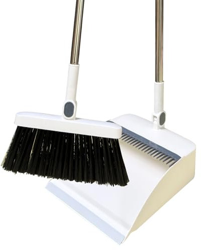 Roellgs Juego de recogedor de escoba con dientes de peine, resistente al viento, mango largo, vertical, juego de recogedor para limpieza del hogar (blanco)