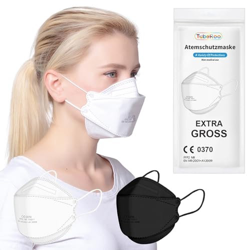 TubeRoo FFP2 Maske großer Kopf weiß Fischform 15 Stück Masken, CE zertifiziert, Versand aus Deutschland, weiche Ohrschlaufen Bänder Atemschutzmaske