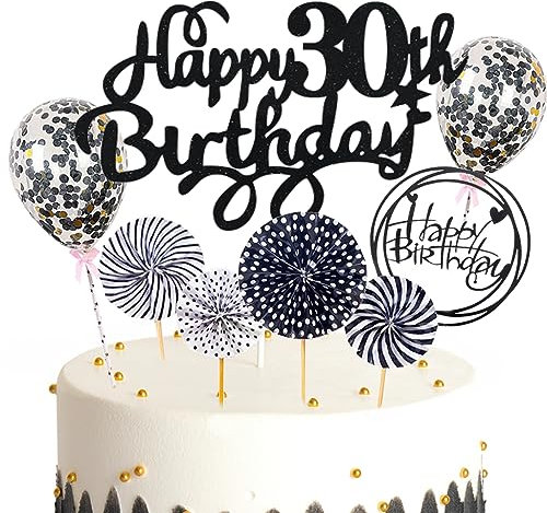 Feelairy Tortendeko Happy Birthday Deko Kuchendeko 30. Geburtstag Mann Frau, Schwarz Kuchen Topper 30. Geburtstag, Cake Topper Happy Birthday Ballon für Geburtstagstorte Deko 30 Jahre Frauen Männer