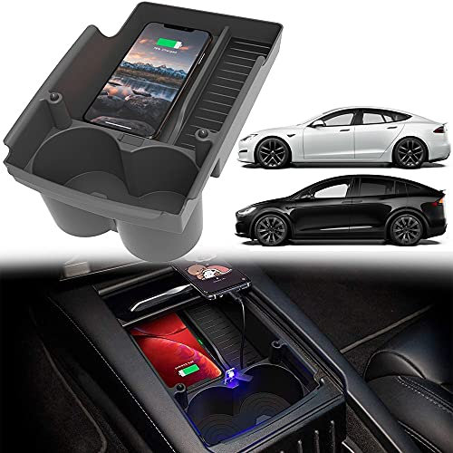 for Tesla Model S/Tesla Model X Wireless Car Charger Center Console Organizer Phone Wireless Charging Tray/Cup Holder Center Console Storage Box for Tesla Model S/Model X 2016 2017 2018 2019
