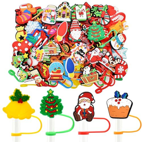YEALQUE 50PCS Christmas Straw Toppers Random Different Straw Covers for 7-8mm Tumbler Cup X'mas Party Favor Teens Christmas Gifts