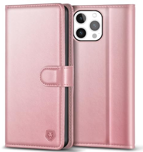 Kuafcase Compatible for iPhone 14 Pro Max Case with 4 Card Slots Magnetic Closure Kickstand Shockproof Protective Phone Case Compatible for iPhone 14 Pro Max - Rose Gold