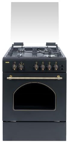 Svan Cocina de Gas Butano con Horno 59 Litros Rústico negro SKGW4600RN. 4 Zonas Cocinado, Quemador WOK triple llama, Ignición Automática, Horno con Grill, Kit Conversión Gas Natural