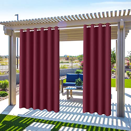 Gazebo Patio Outdoor Curtains Waterproof - Garden Blackout Thermal Insulated Sun Shades Eyelet Privacy Curtain for Pergola Porch Pool, Indoor Window Blinds for Living Room Bedroom Balcony (Wine Red)
