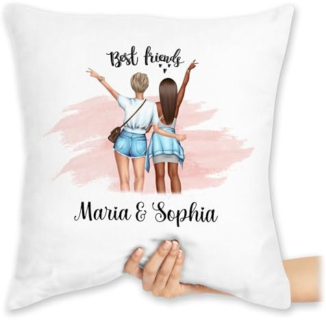 Kissen 40x40 Zierkissen - Freundin - Best Friends Hände Peace mit Name Freundinnen - 40 x 40 cm - Weiß - freundschaftskissen Partner Blonde und brünette Pillow freundschafts
