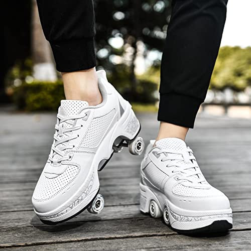 Rollschuhe für Kinder, verstellbare Rollerskates für Mädchen, Quad-Skates-Deformationstrainer für Erwachsene und Anfänger, Turnschuhe mit unsichtbarem Rad für Jungen (Weiß, EU 38)