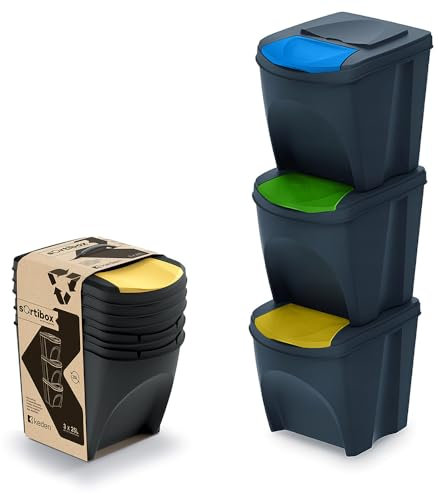 magubo Mülleimer Abfalleimer Mülltrennsystem, Mülltrennsystem 3fach - Hochwertiger Abfallbehälter - Moderner Trash Bin für Effiziente Mülltrennung im Haushalt oder Büro - (Schwarz, 3x25L)