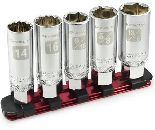CROM Magnetic Spark Plug Socket Set - 5 Piece 3/8 Drive Spark Plug Removal Tool, Includes 14mm and 16mm Thin Wall Sockets, 9/16 inch, 5/8 inch and 13/16 inch Sockets, Aluminum Storage Rail Included