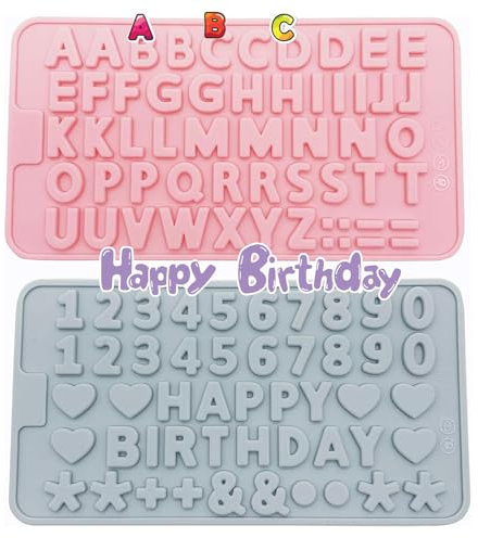 2Pcs Alphabet Silicone Mould Set, Happy Birthday Symbols Chocolate Moulds, Chocolate Letters Numbers Mould for Cake Decoration DIY Baking Candy Fondant Biscuit Gummy Dessert