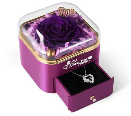 Mikasol Preserved Rose & Heart-Shaped Necklace with Jewelry Box - Preserved Rose, Ideal Romantic Gift for Women, Anniversary, Valentines, Mother’s Day Gifts, Purple, 4.9x4.5x4.3