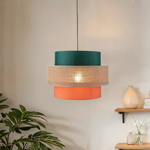 Licht-Erlebnisse Pendelleuchte Stoff Jute Metall rund D: 50 cm H: max. 160 cm Schwarz Natur Orange Grün E27 Modern Hängelampe Wohnzimmer Hängeleuchte Schlafzimmer