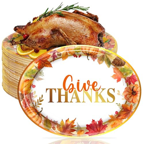 Sawowkuya 50 Pcs Fall Paper Plates 10 X 12Paper Dessert Plates for Thanksgiving Fall Theme Autumn Leaves Pumpkin Party Supplies