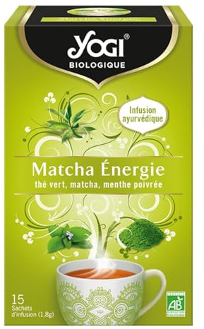 YOGI Biologique Matcha Énergie, Thé Vert 100 pourcent Bio Matcha et Menthe Poivrée, 15 Sachets thermosoudés et sans agrafe, 21.6 g, 310916
