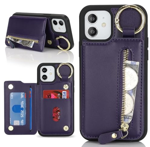 Havaya Coque pour iPhone 12 avec Porte Carte Etui für iPhone 12 Pro avec Mousqueton Porte clé Porte Monnaie Femme Cuir zippé Housse Rabat avec Anneau - Violet