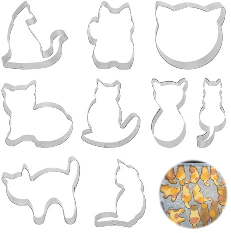 Juego de 9 cortadores de galletas con forma de gato, cortadores de galletas de acero inoxidable, moldes de metal pequeños para hornear, pasteles, fondant, pasteles