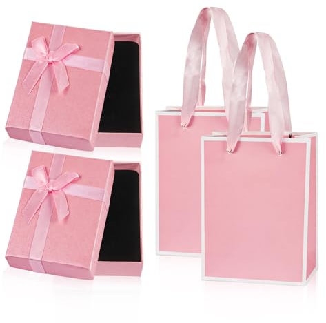 Nwvuop 2 Stück Schmuck Geschenkbox mit Geschenktüten, 9× 7× 3 cm kleine Geschenkbox mit Deckel Ohrring Ring Halskette Geschenk-Box Schmuckschachtel(Rosa)