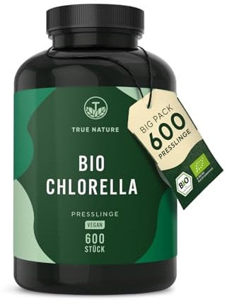 Bio Chlorella Presslinge – 600 Tabletten (500 mg) – 6000mg hochdosiert – Bio-Algen aus kontrolliert biologischem Anbau – Vegan – TRUE NATURE®