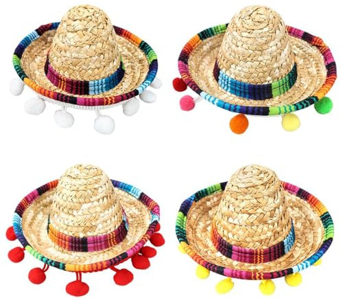 Sarini 4 Stück mexikanische Mini-Sombrero-Hüte, Cinco De Mayo Fiesta-Party-Kostüm, Stroh-Sombrero-Stirnbänder, Mini-Spaß-Fiesta-Strohhut
